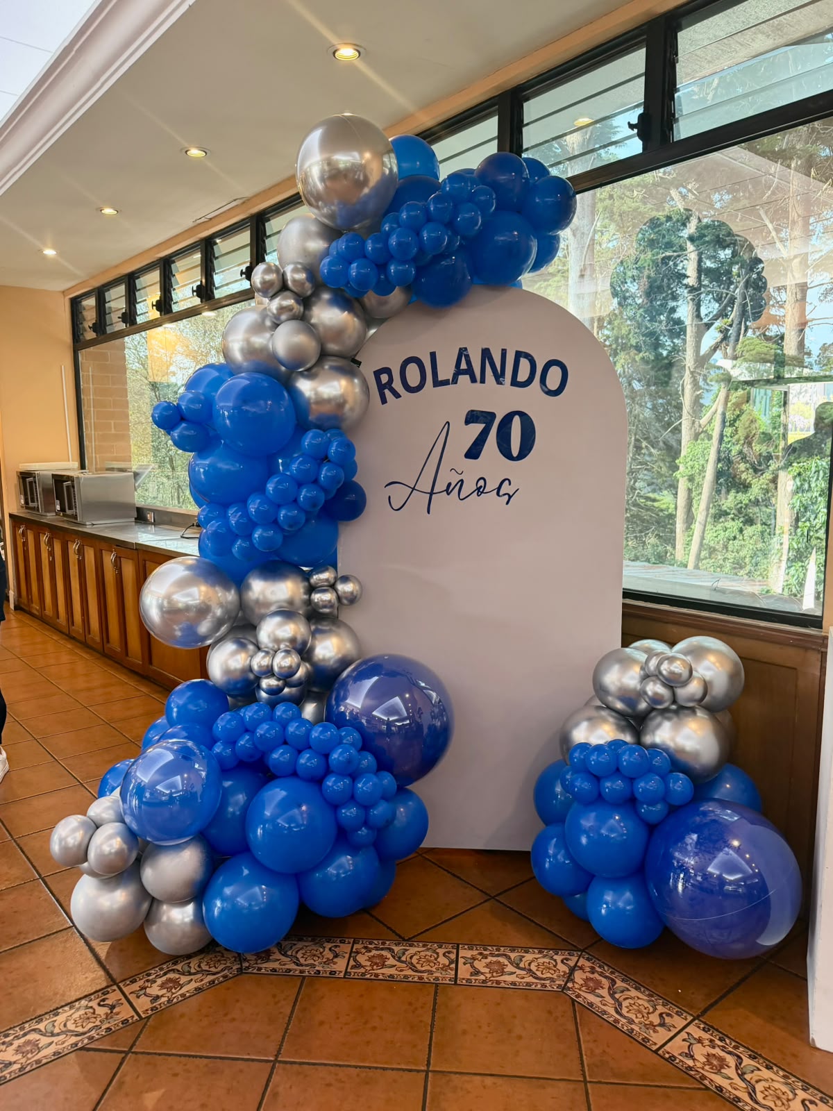 Cumpleaños de adulto, arco azul y plata